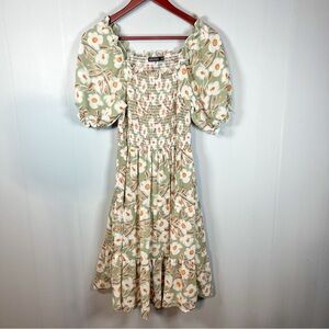Mika Rose XS Sage Floral Smocked Midi Dress Puff Sleeve Romantic Feminine Boho
